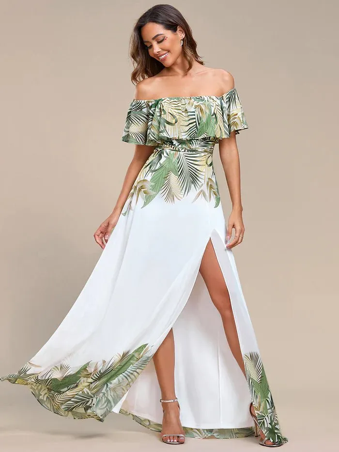 Off Shoulder Split Printed Chiffon Evening Dresses