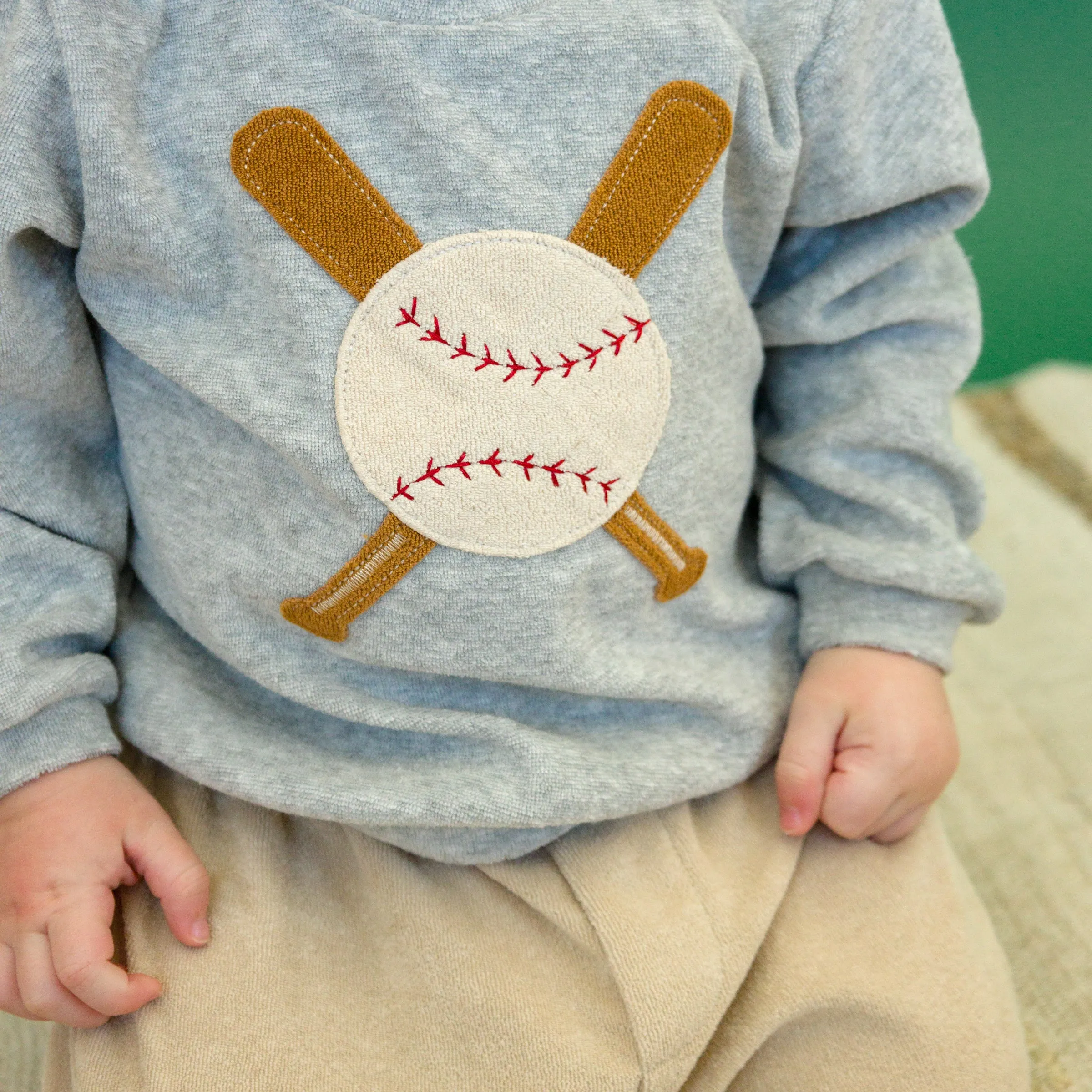 oh baby! Cotton Terry Boxy Sweatshirt - Vintage Baseball Applique - Heather Gray