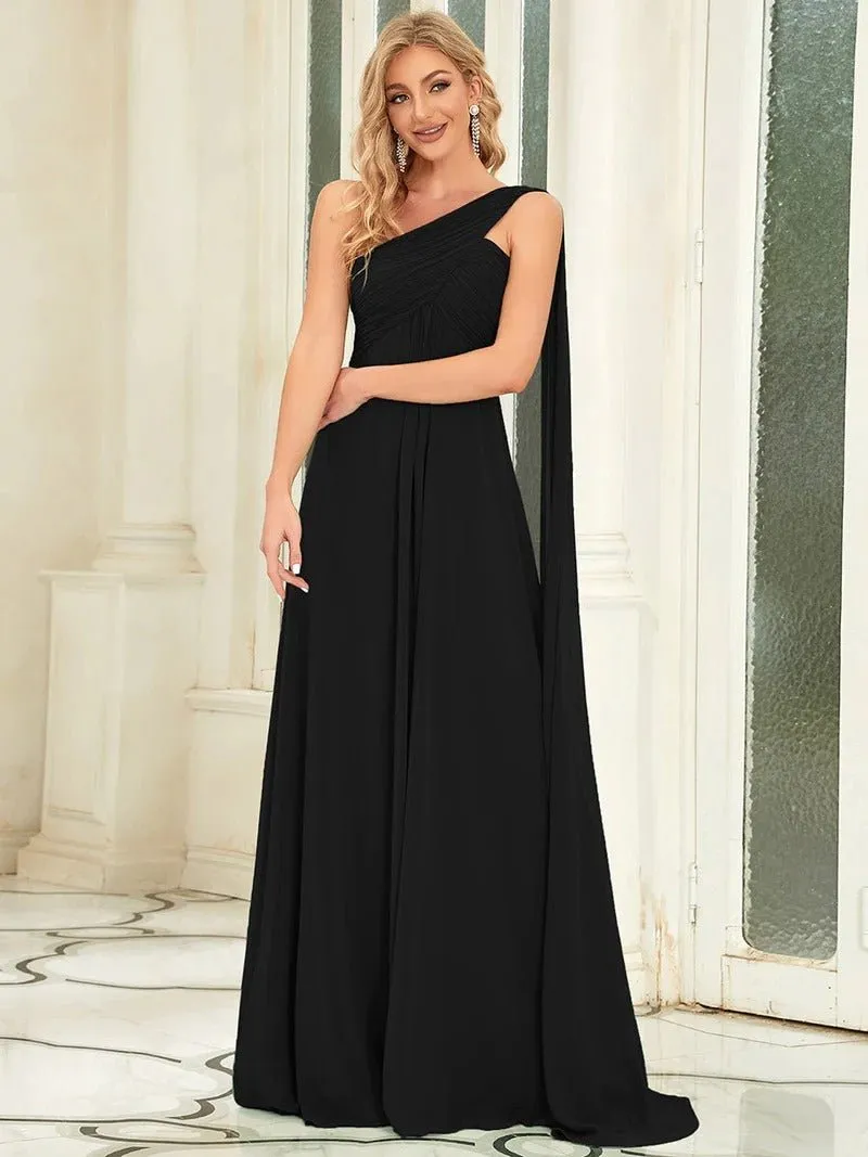 One Shoulder Chiffon Ruffles Long Evening Dresses for