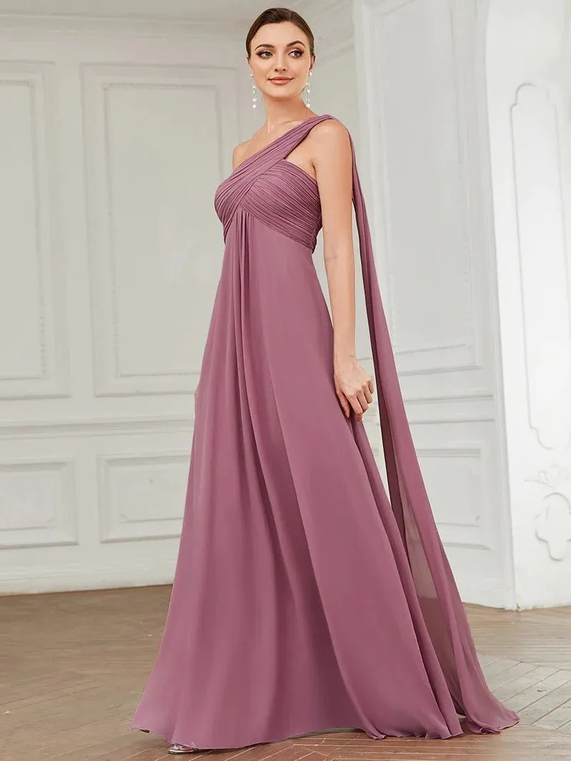 One Shoulder Chiffon Ruffles Long Evening Dresses for