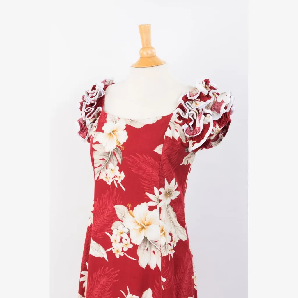 Peach Color Hibiscus Print Ruffle Sleeve Dress