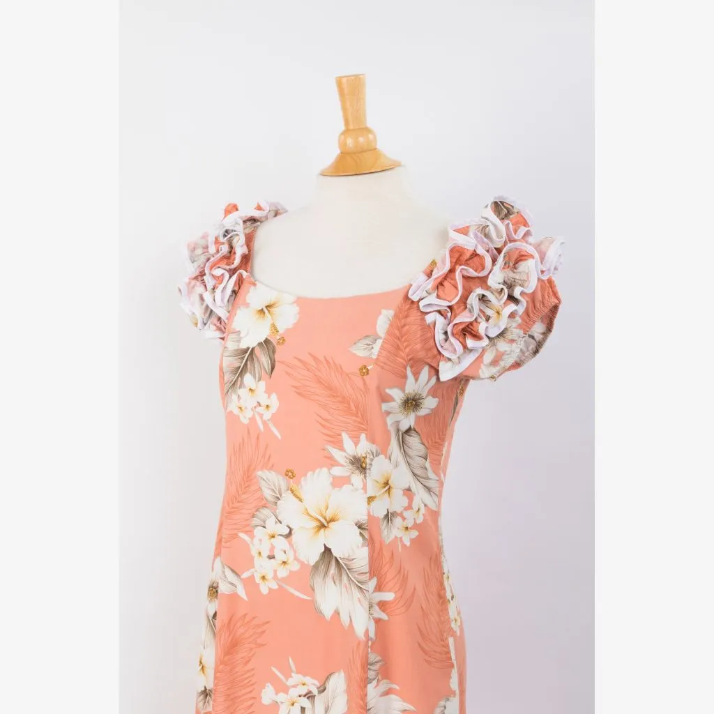 Peach Color Hibiscus Print Ruffle Sleeve Dress