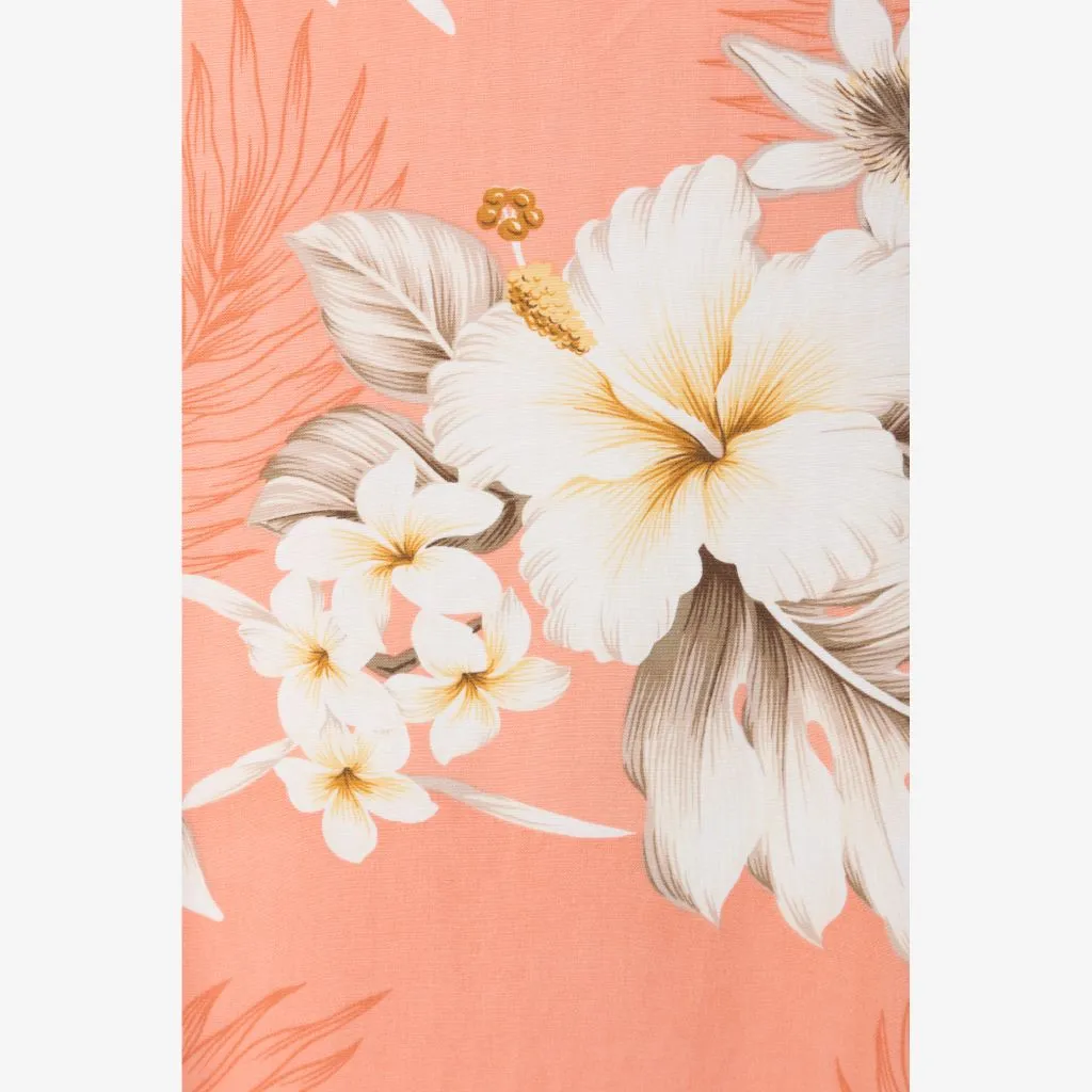 Peach Color Hibiscus Print Ruffle Sleeve Dress