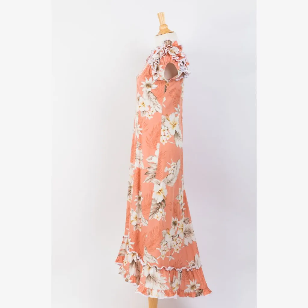 Peach Color Hibiscus Print Ruffle Sleeve Dress