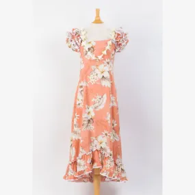 Peach Color Hibiscus Print Ruffle Sleeve Dress