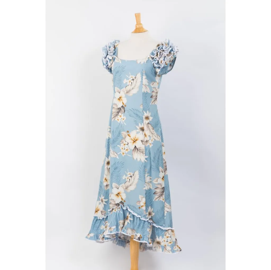 Peach Color Hibiscus Print Ruffle Sleeve Dress