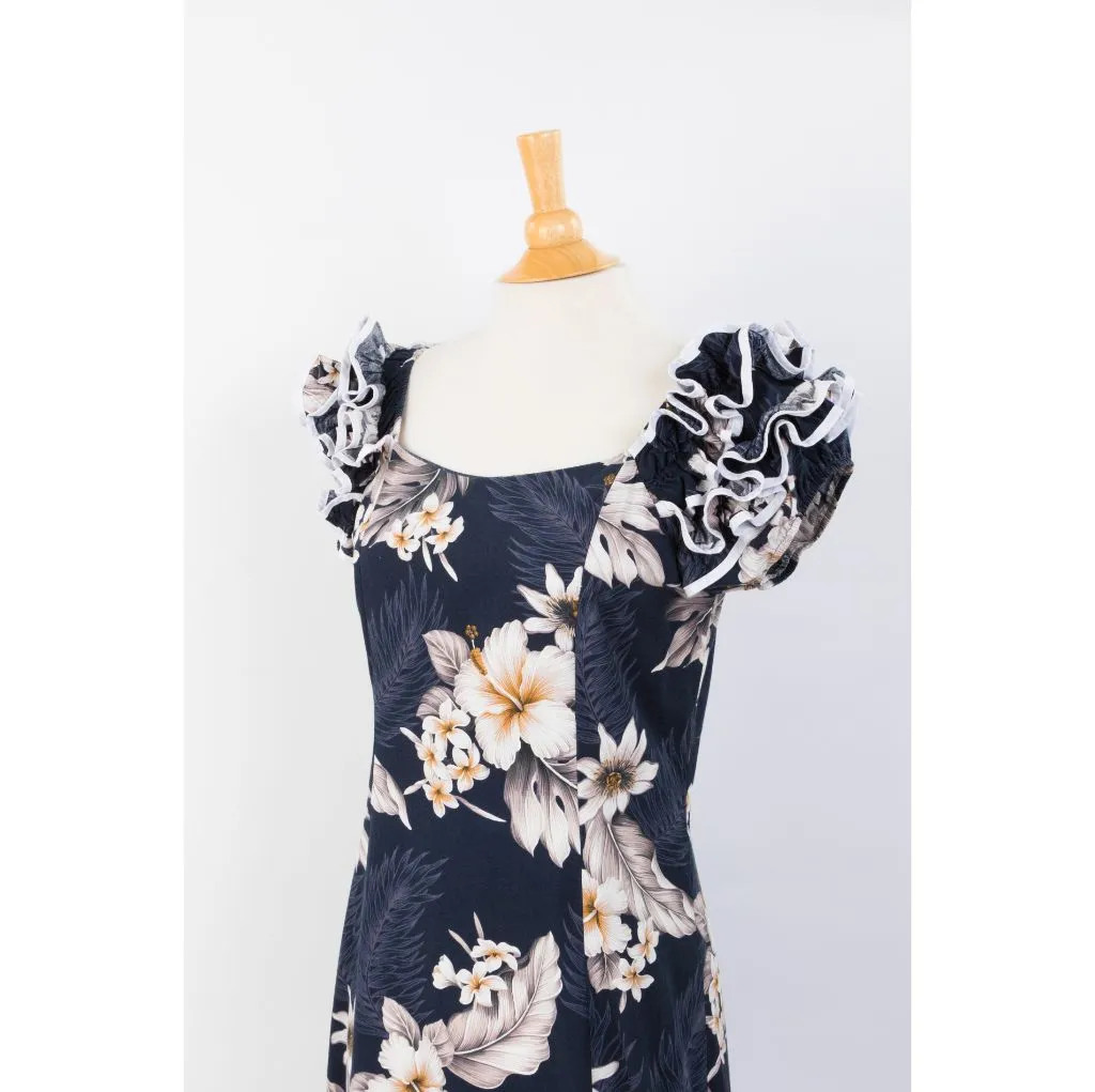 Peach Color Hibiscus Print Ruffle Sleeve Dress