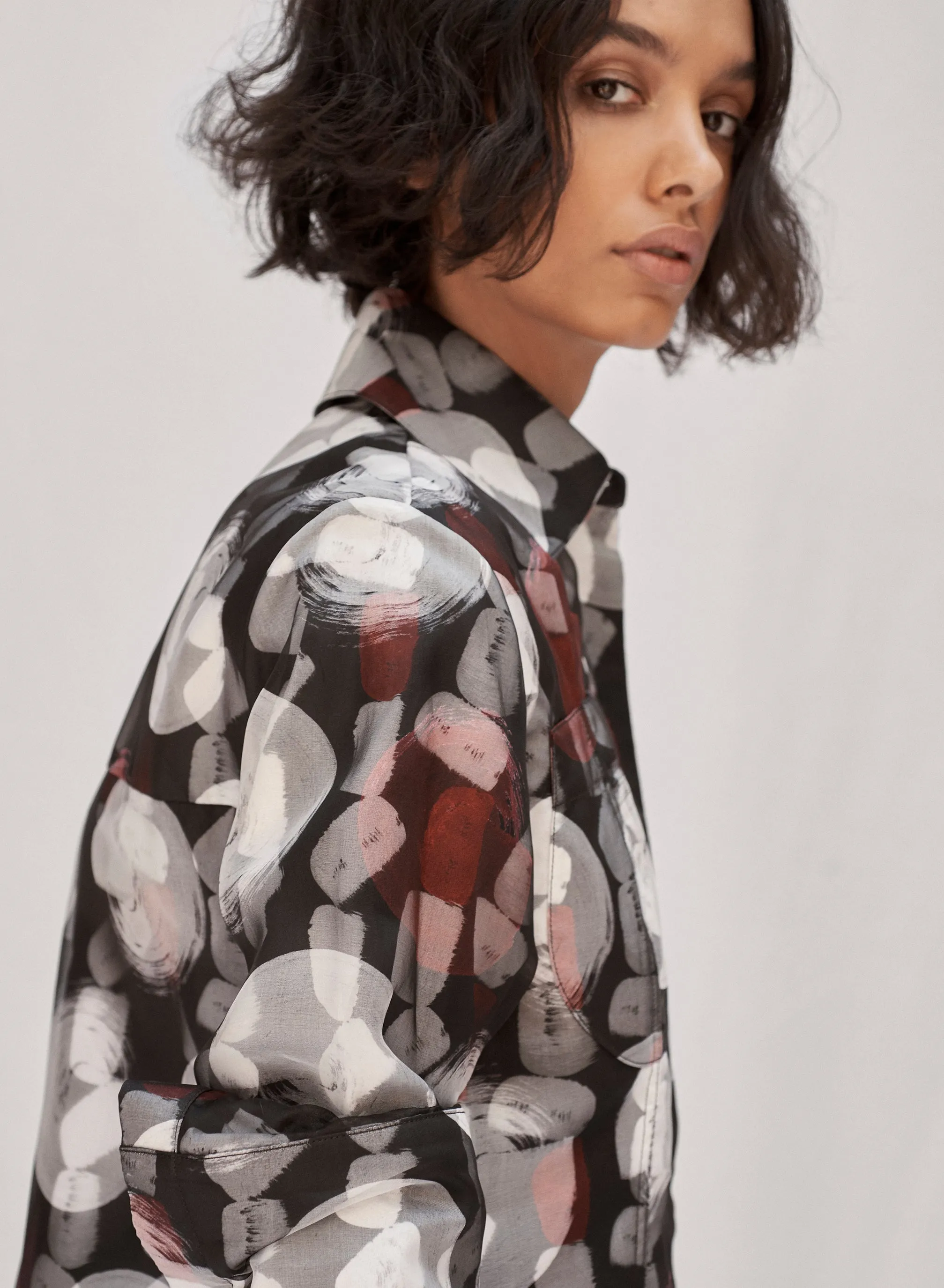 Pintuck Layered Print Shirt Dress