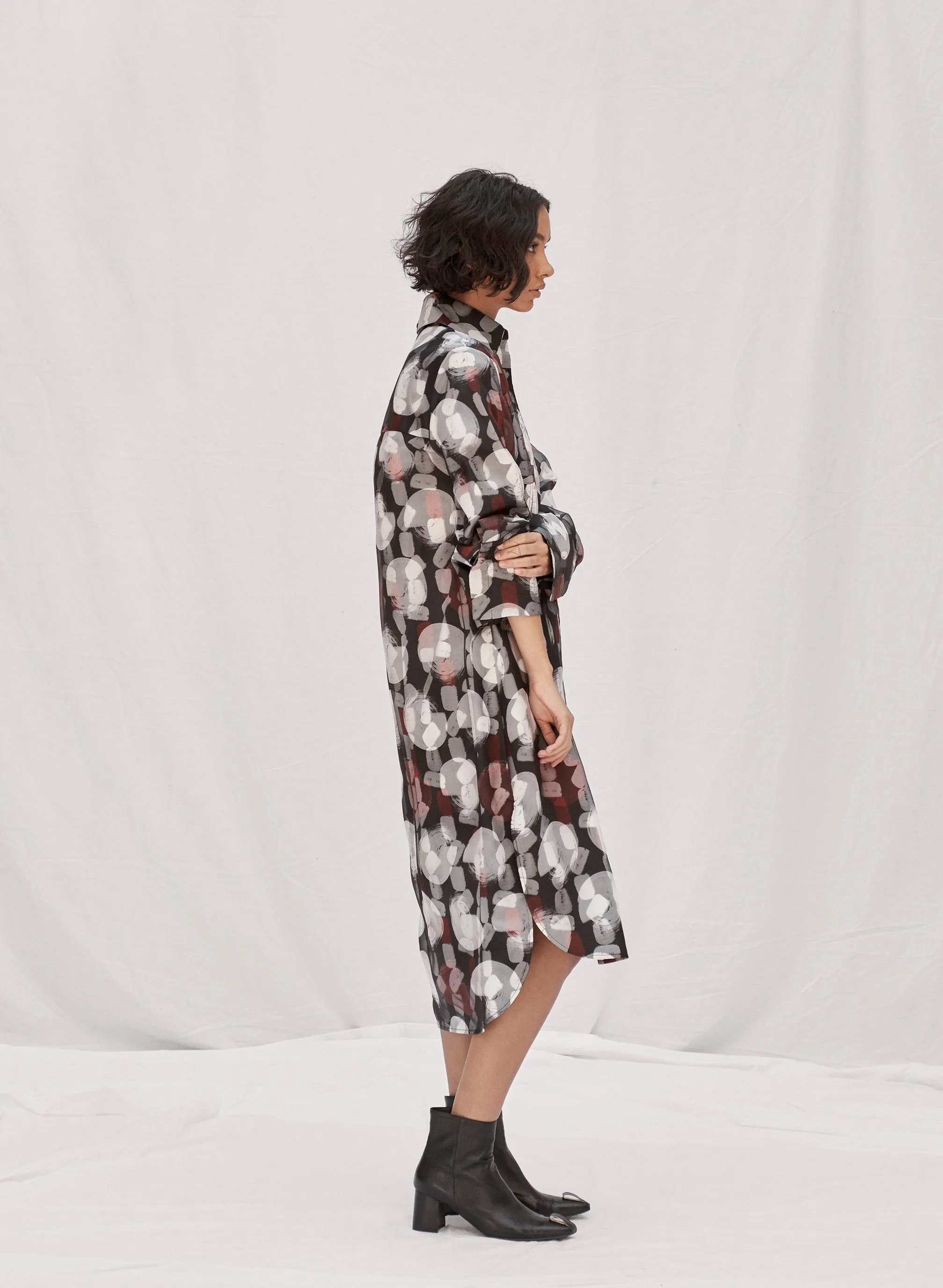 Pintuck Layered Print Shirt Dress