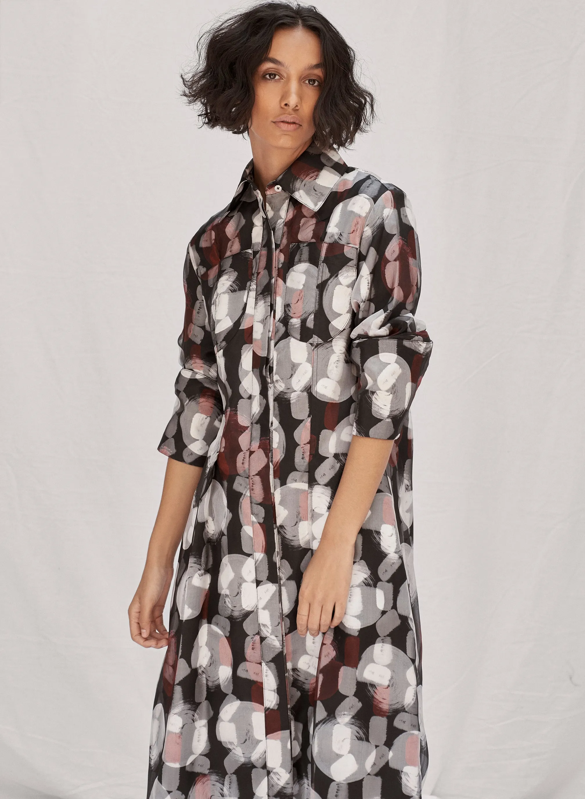 Pintuck Layered Print Shirt Dress