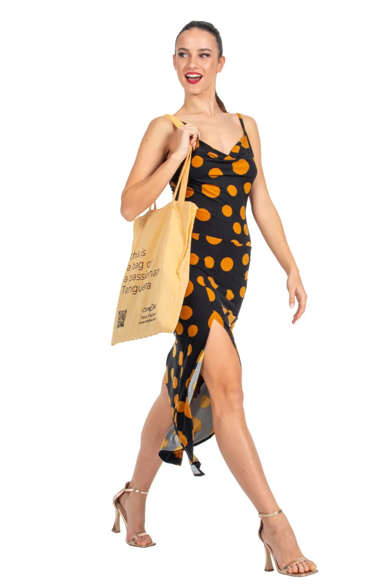 Polka Dot Tango Dress With Curved Front Slit