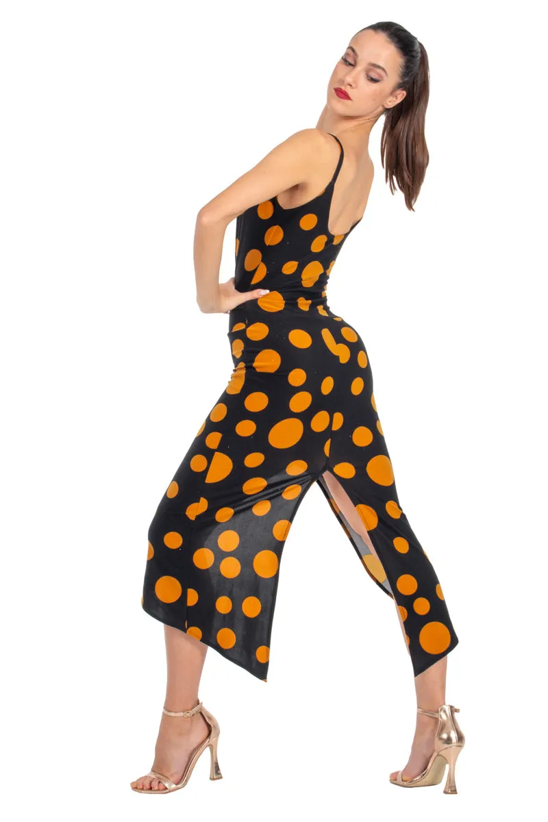 Polka Dot Tango Dress With Curved Front Slit