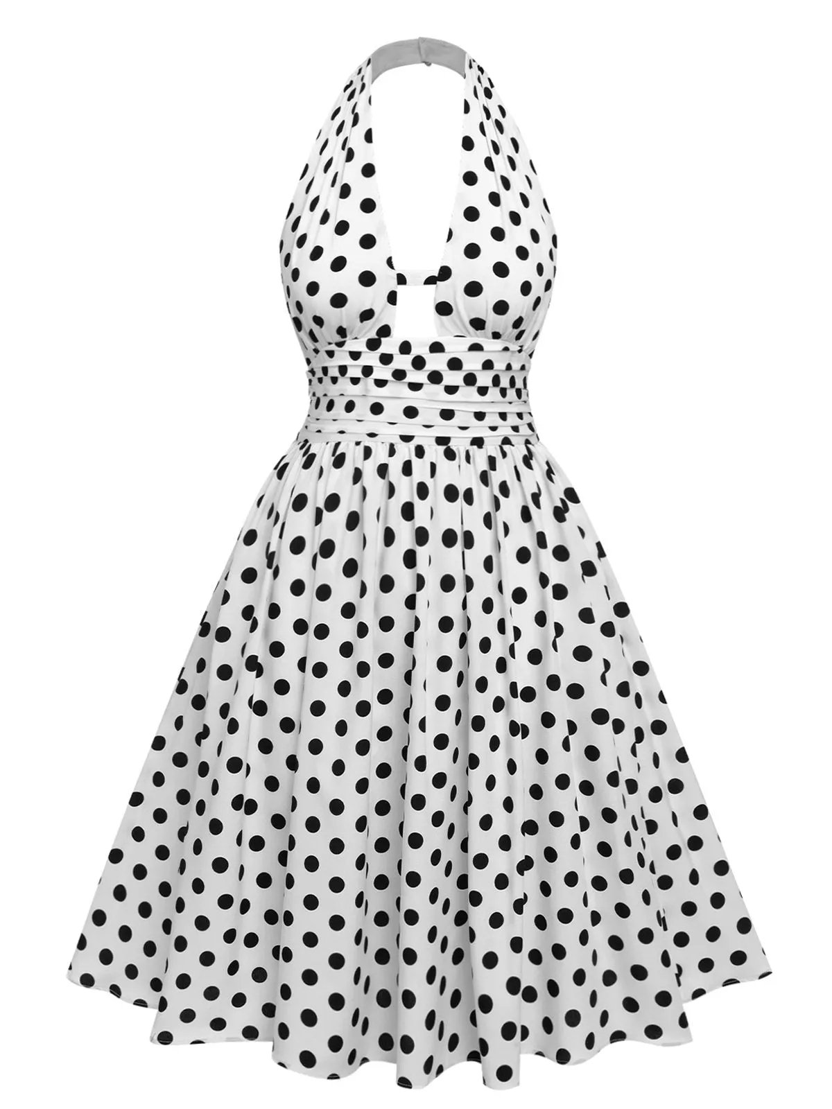 [Pre-Sale] White 1950s Polka Dot Halter Folds Dress