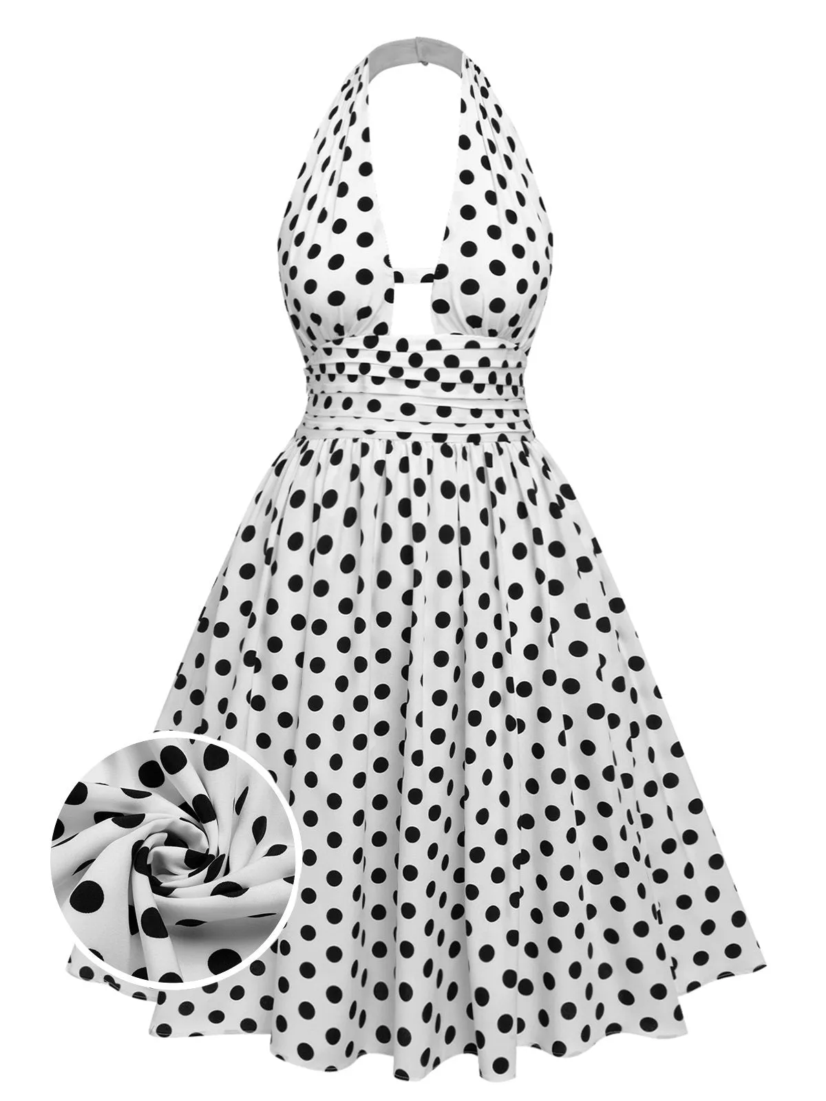 [Pre-Sale] White 1950s Polka Dot Halter Folds Dress