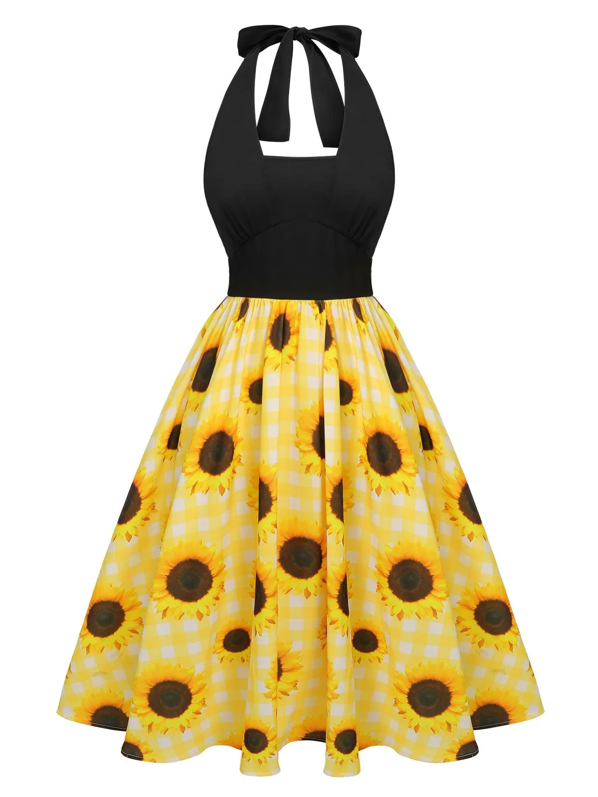 [Pre-Sale] Yellow 1950s Sunflower Plaid Halter Dress