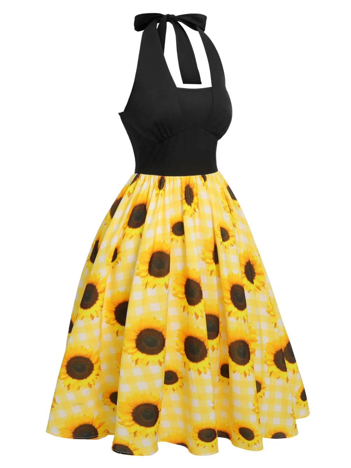 [Pre-Sale] Yellow 1950s Sunflower Plaid Halter Dress