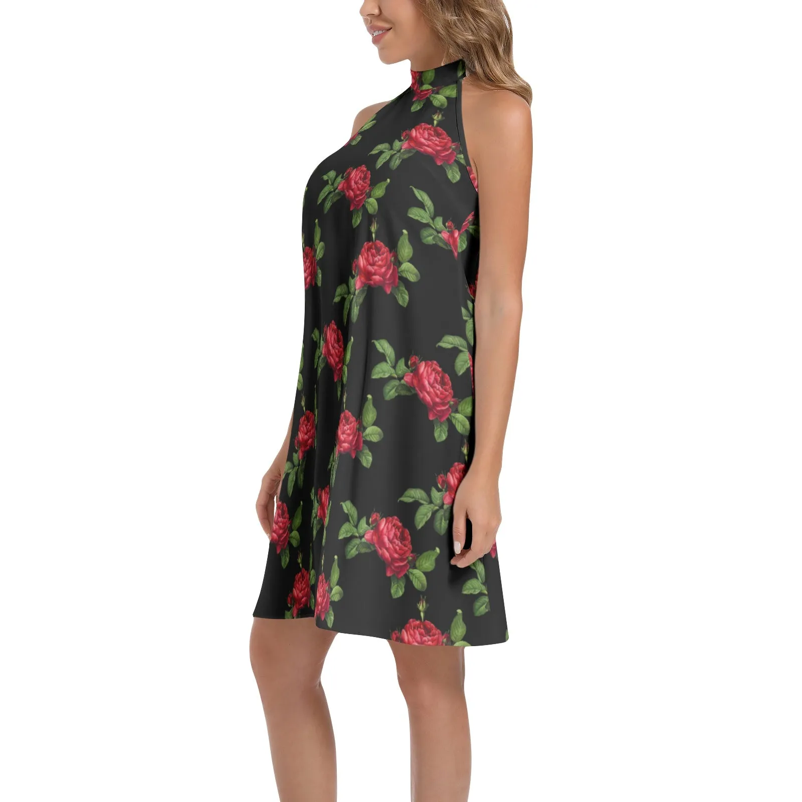 Red Roses Tie Back Halter Neck Flared Dress