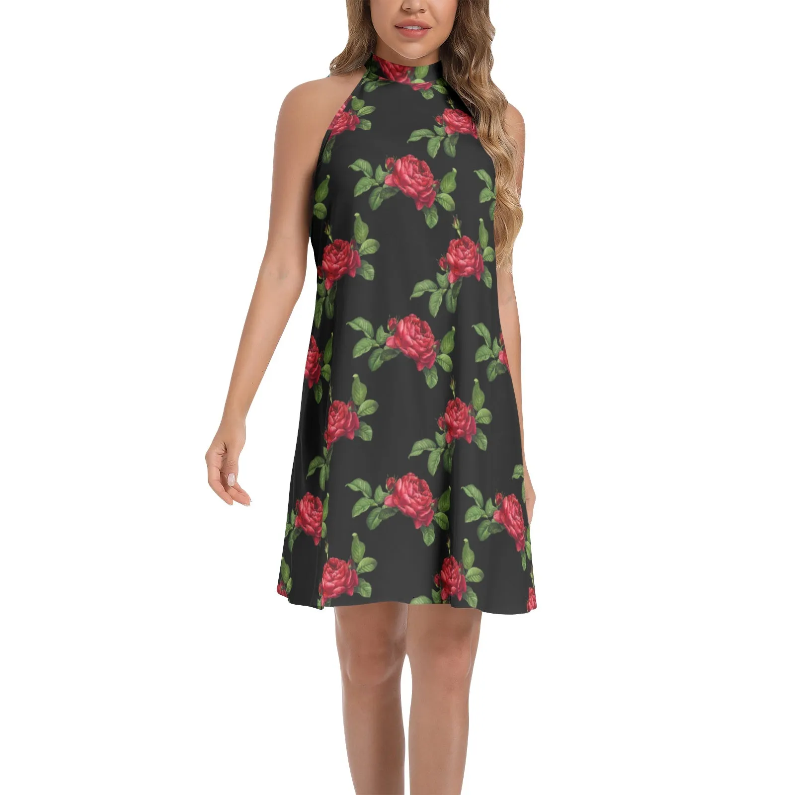 Red Roses Tie Back Halter Neck Flared Dress