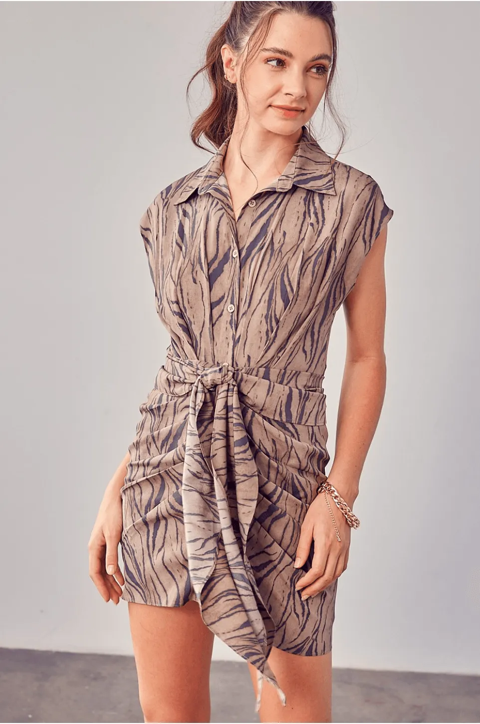 Ruched Shirt Dress in Animal Print