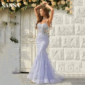 Sansa Lavender Sexy Backless Mermaid Prom Dress Spaghetti Strap vestidos de fiesta Lace Embroidery Tulle Evening Dress 2024