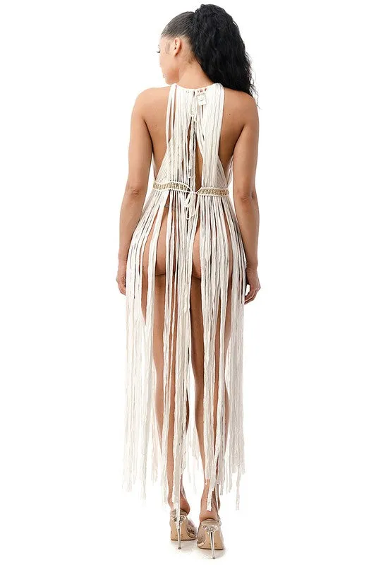 Santorini Fringe Dress- White