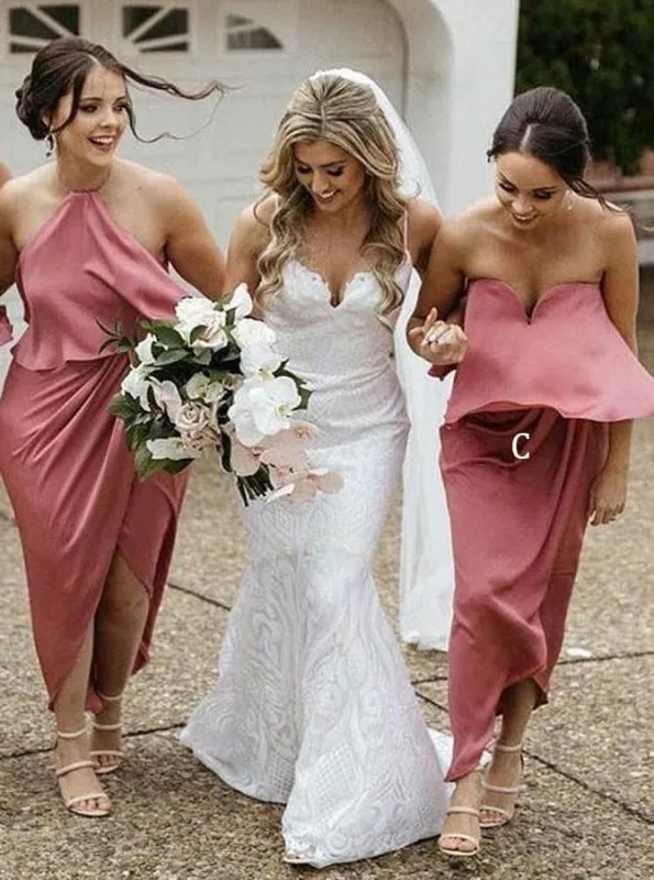 Sheath Halter Ankle Length Pink Satin Bridesmaid Dress