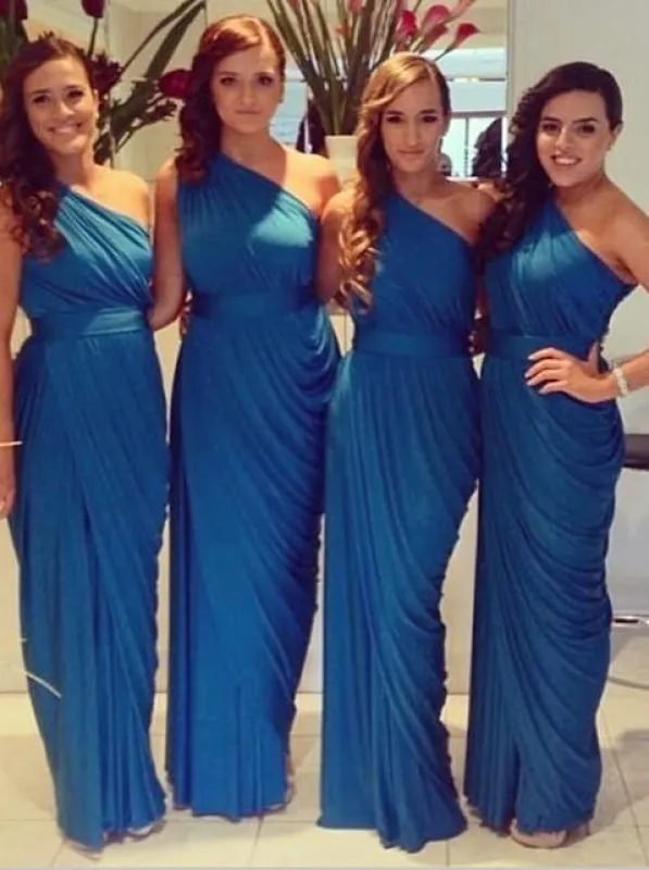 Simple & Casual Royal Blue One Shoulder Ruffles Long Bridesmaid Dresses CHBD-70950