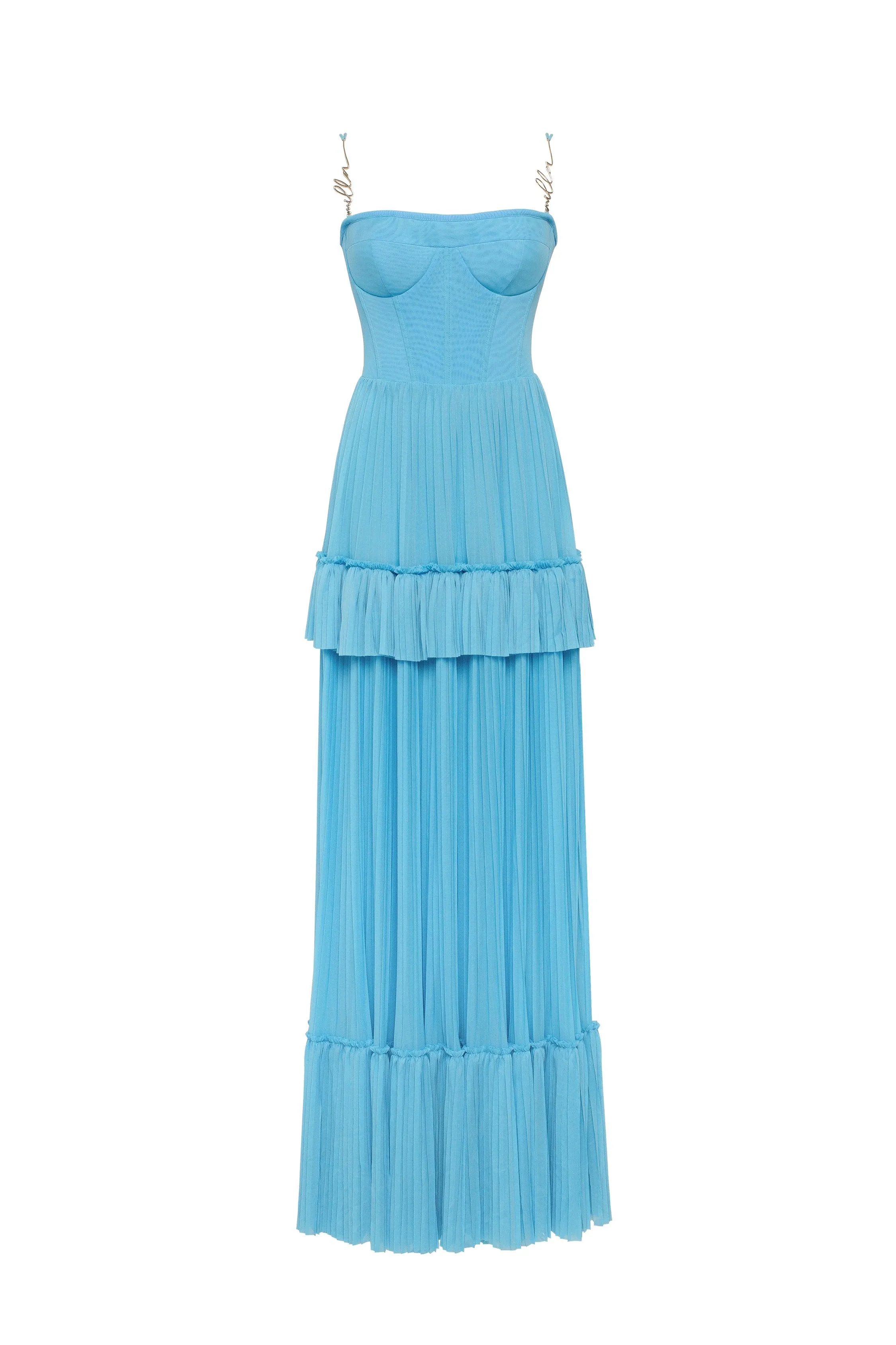 Sky-blue spaghetti strap pleated maxi dress, Garden of Eden