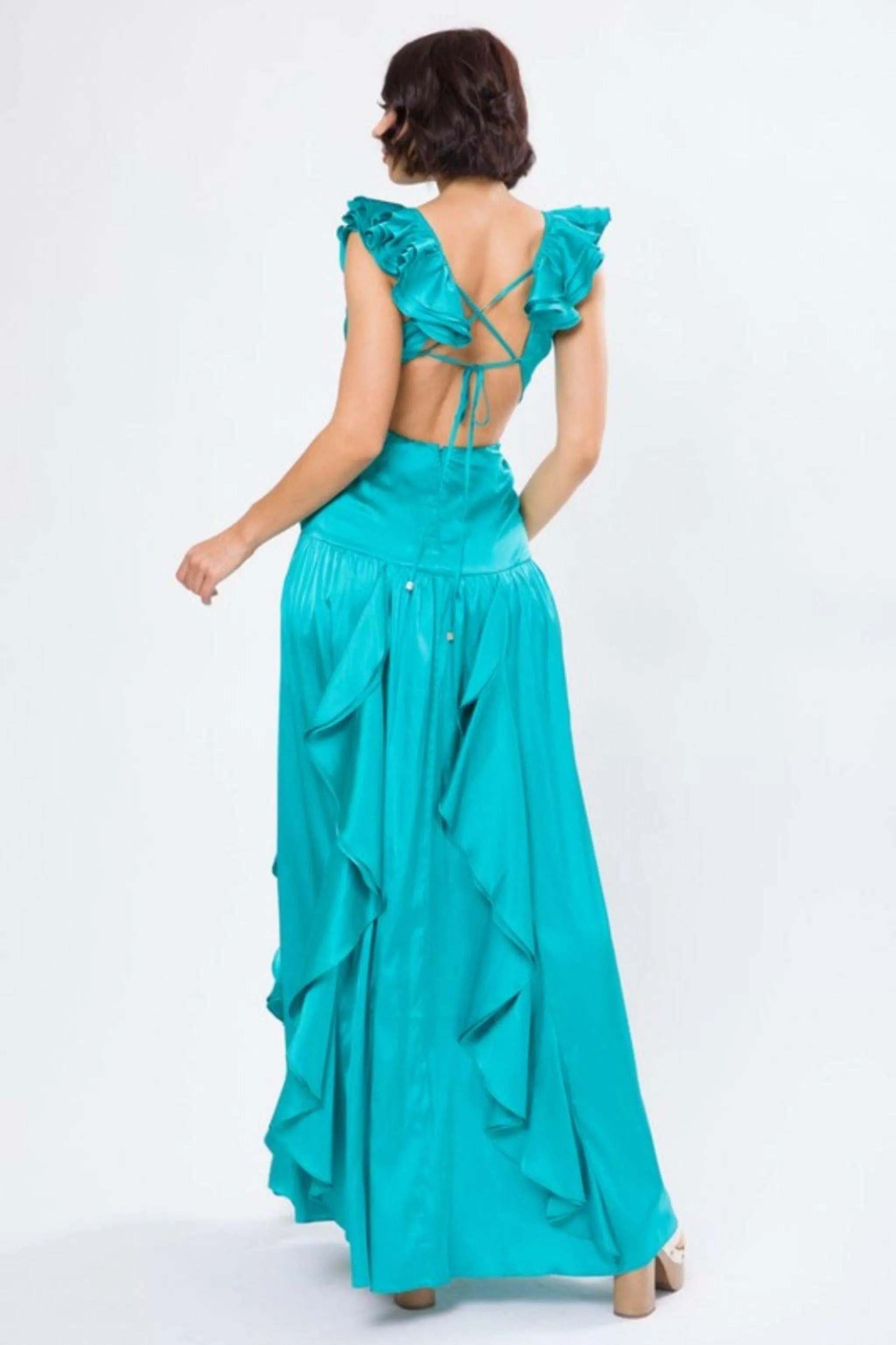 SOLID SATIN RUFFLE SLEEVE GOWN MAXI DRESS