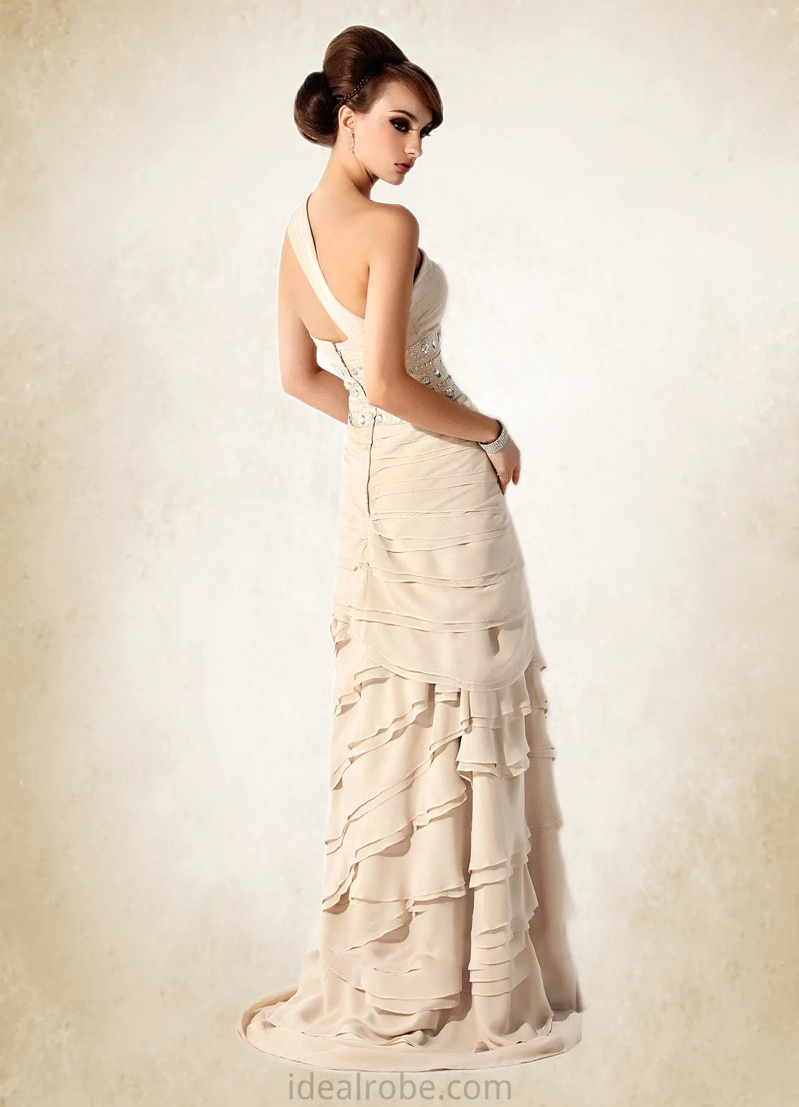 Stella A-Line One-Shoulder Sweep Train Chiffon Mother of the Bride Dress With Beading Cascading Ruffles STK126P0014610