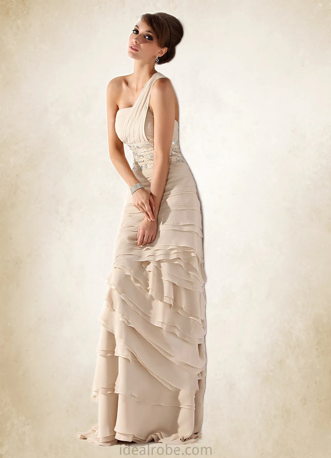 Stella A-Line One-Shoulder Sweep Train Chiffon Mother of the Bride Dress With Beading Cascading Ruffles STK126P0014610