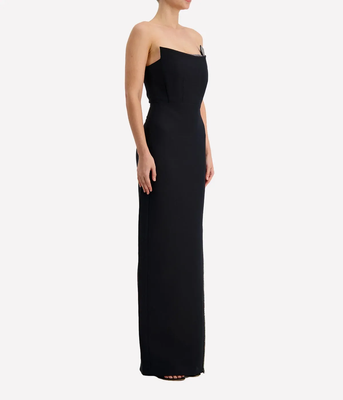 Strapless Silk Embellished Maxi Dress in Black