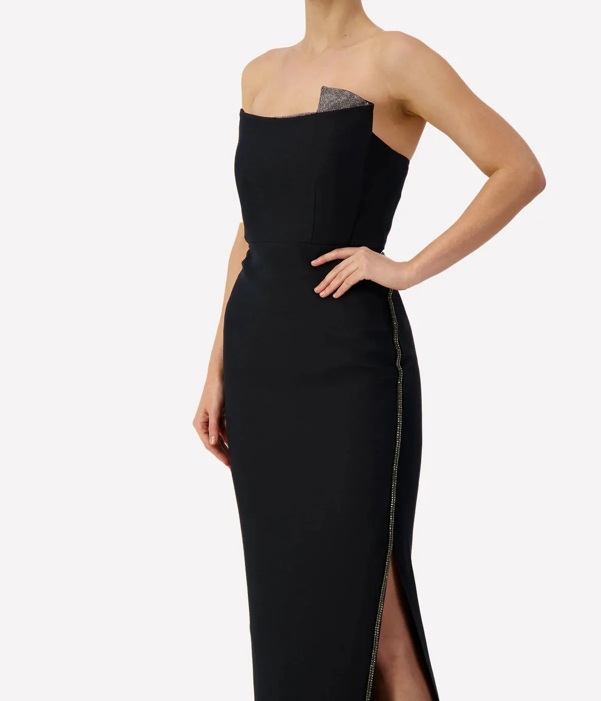 Strapless Silk Embellished Maxi Dress in Black