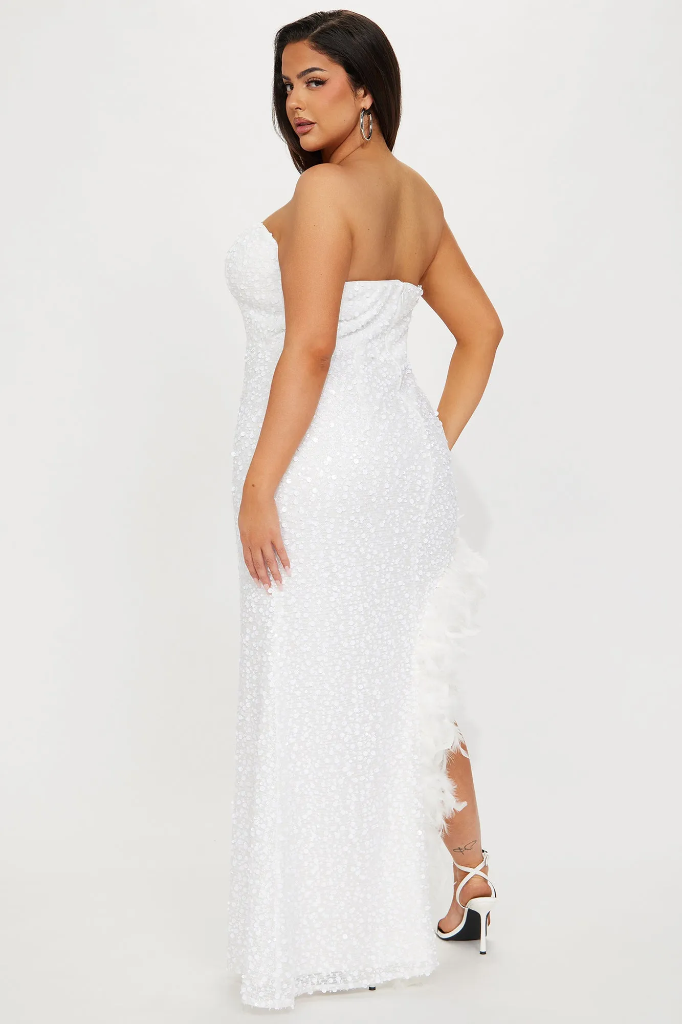 Sweetheart Sequin Feathered Maxi Dress - White