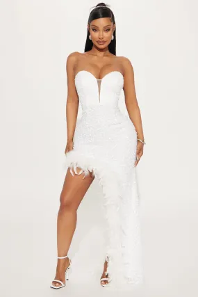 Sweetheart Sequin Feathered Maxi Dress - White