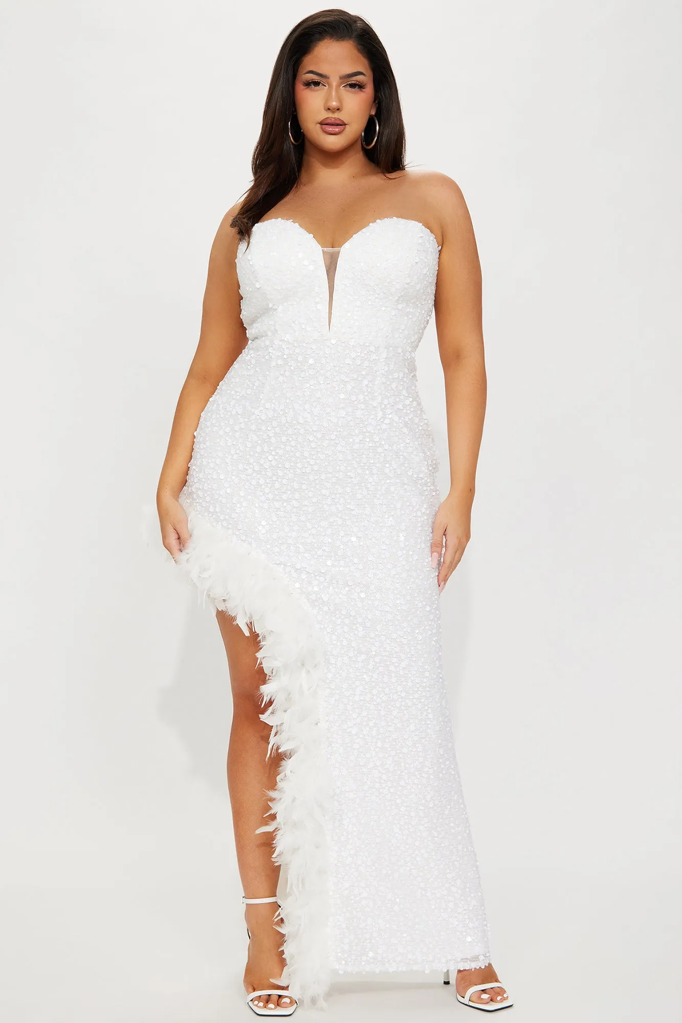 Sweetheart Sequin Feathered Maxi Dress - White