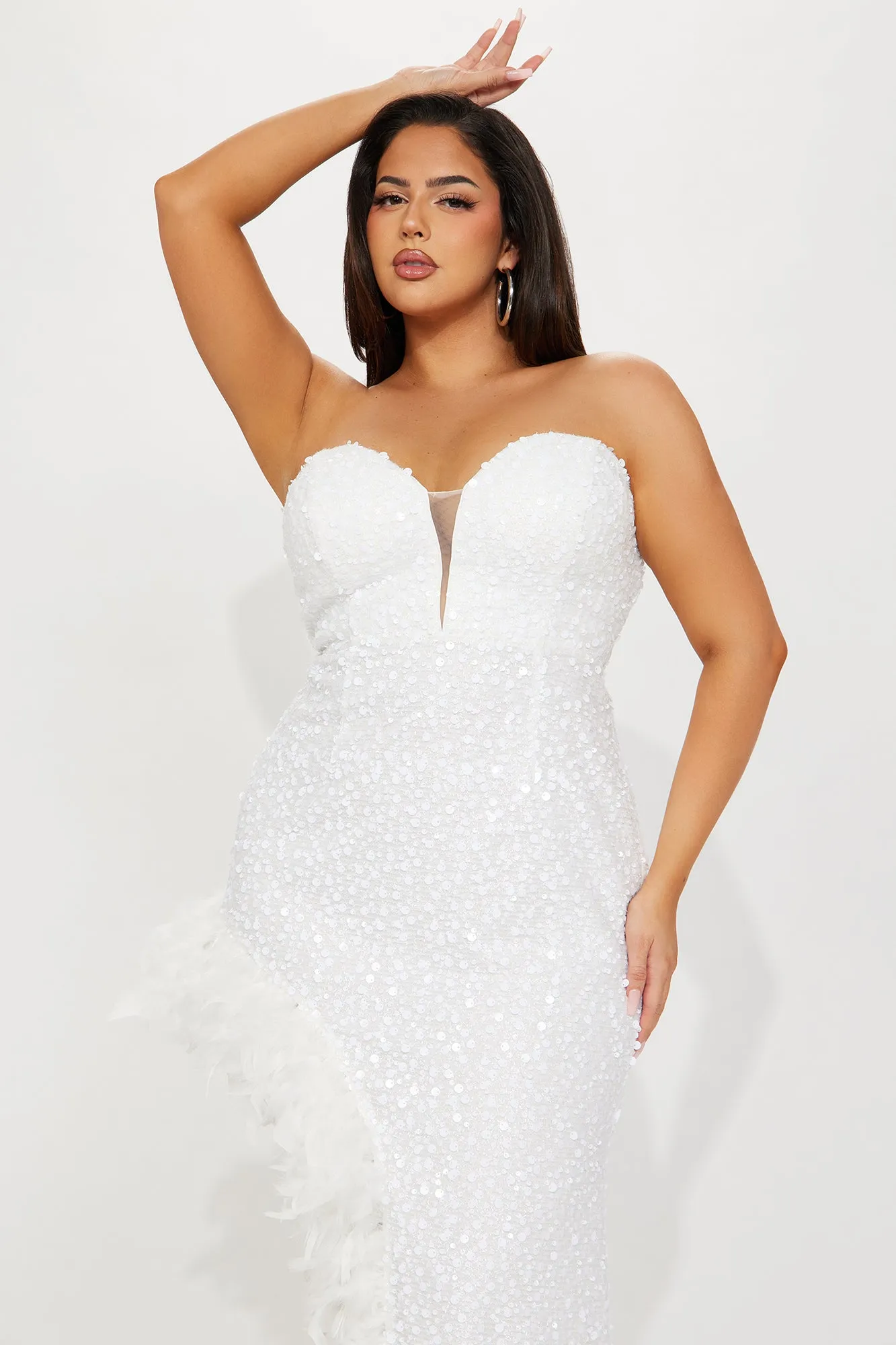 Sweetheart Sequin Feathered Maxi Dress - White