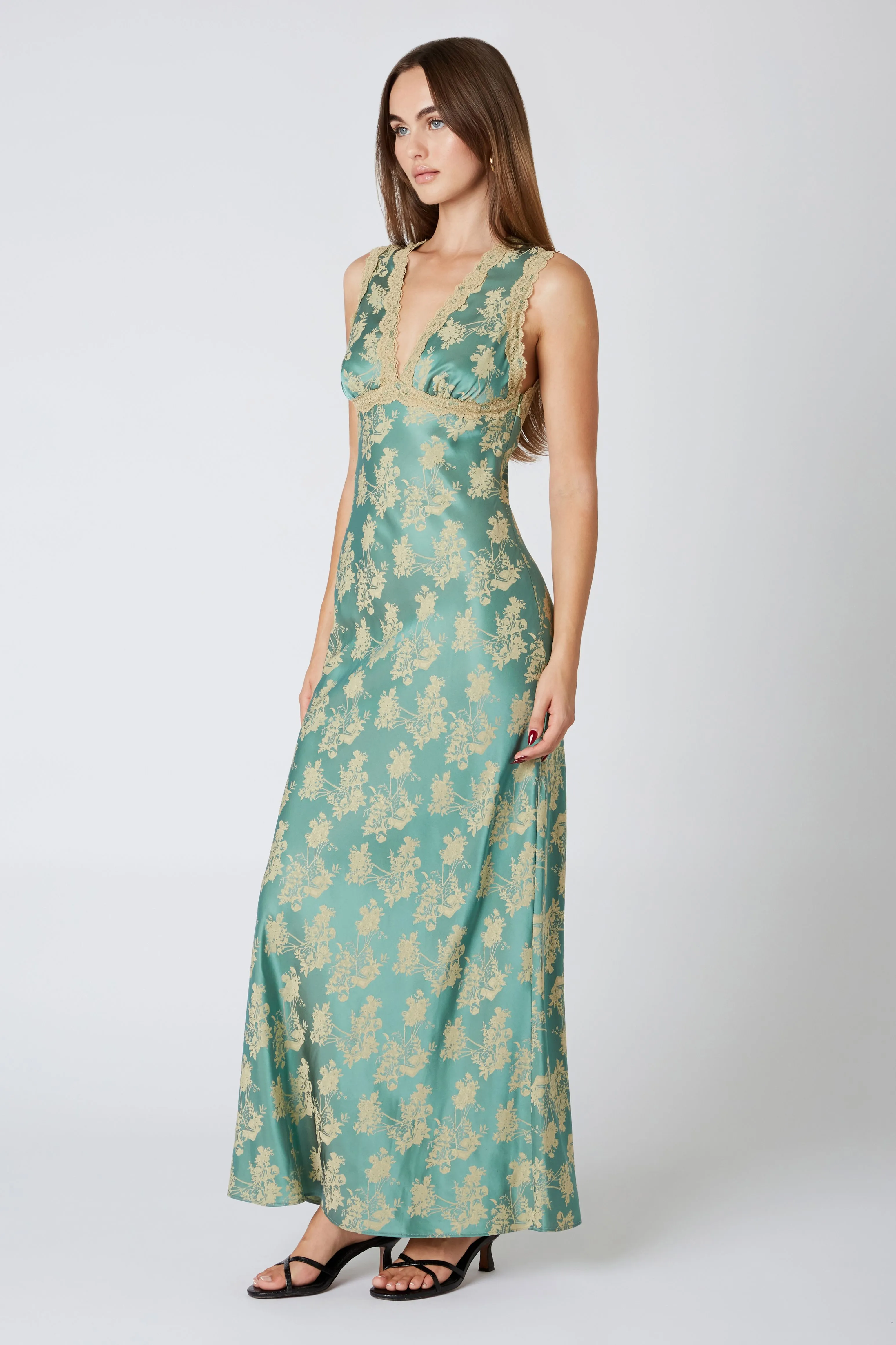 Tabitha 1930s Style Floral Jacquard Lace Trim Slip Maxi Dress - Jade