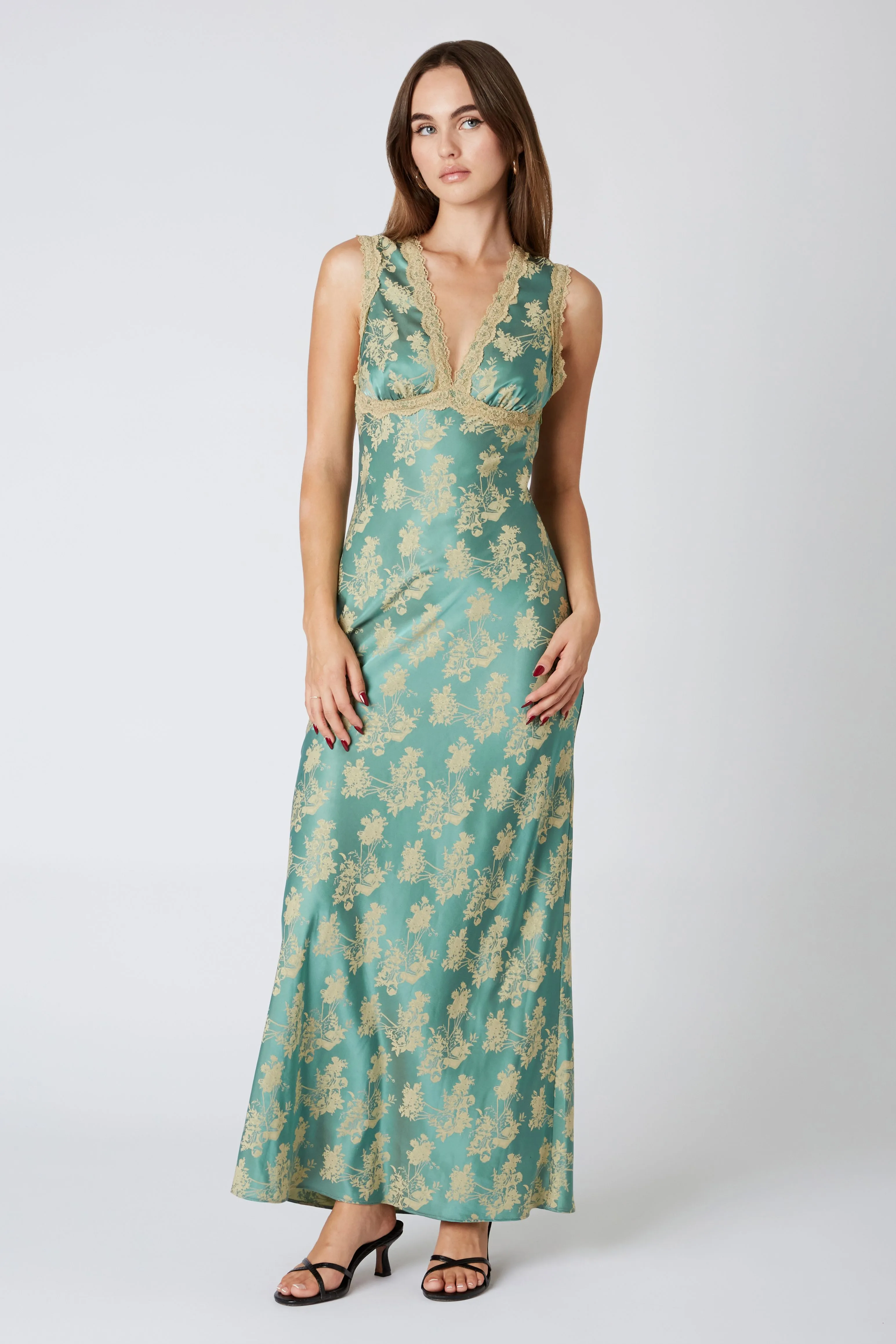 Tabitha 1930s Style Floral Jacquard Lace Trim Slip Maxi Dress - Jade