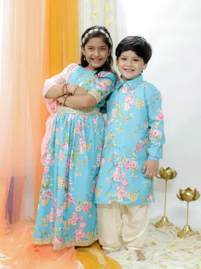 VASTRAMAY Aqua Floral Print Sibling Set