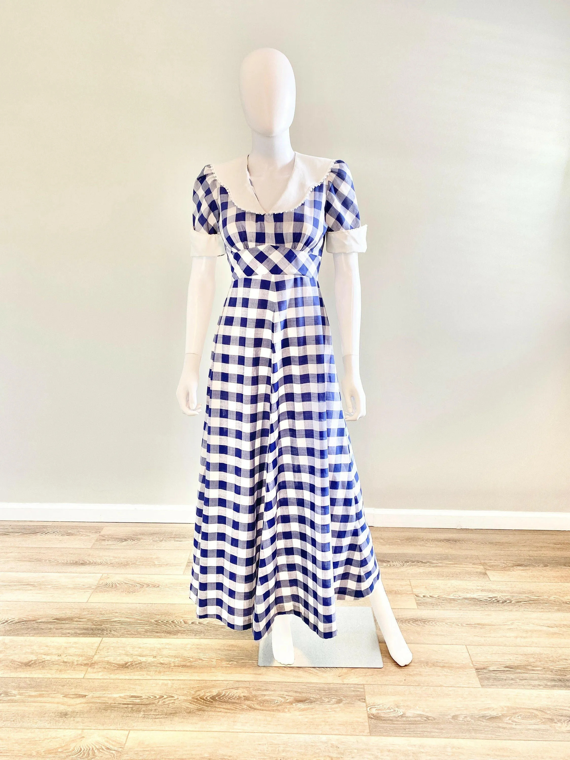 Vintage 1970s Navy Gingham Puff Sleeve Dress / 70s does 1930s Party Dress / Size S M