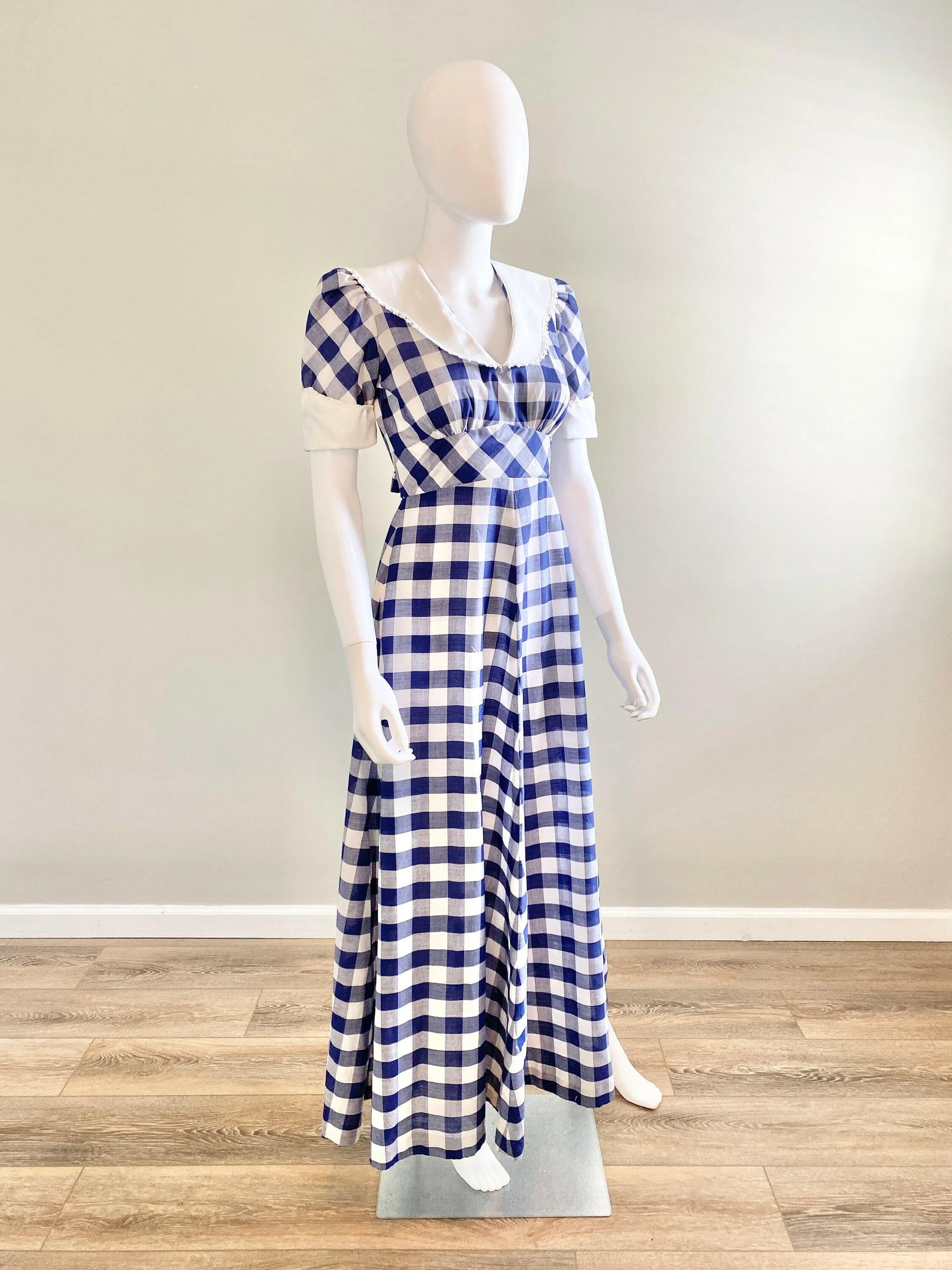 Vintage 1970s Navy Gingham Puff Sleeve Dress / 70s does 1930s Party Dress / Size S M