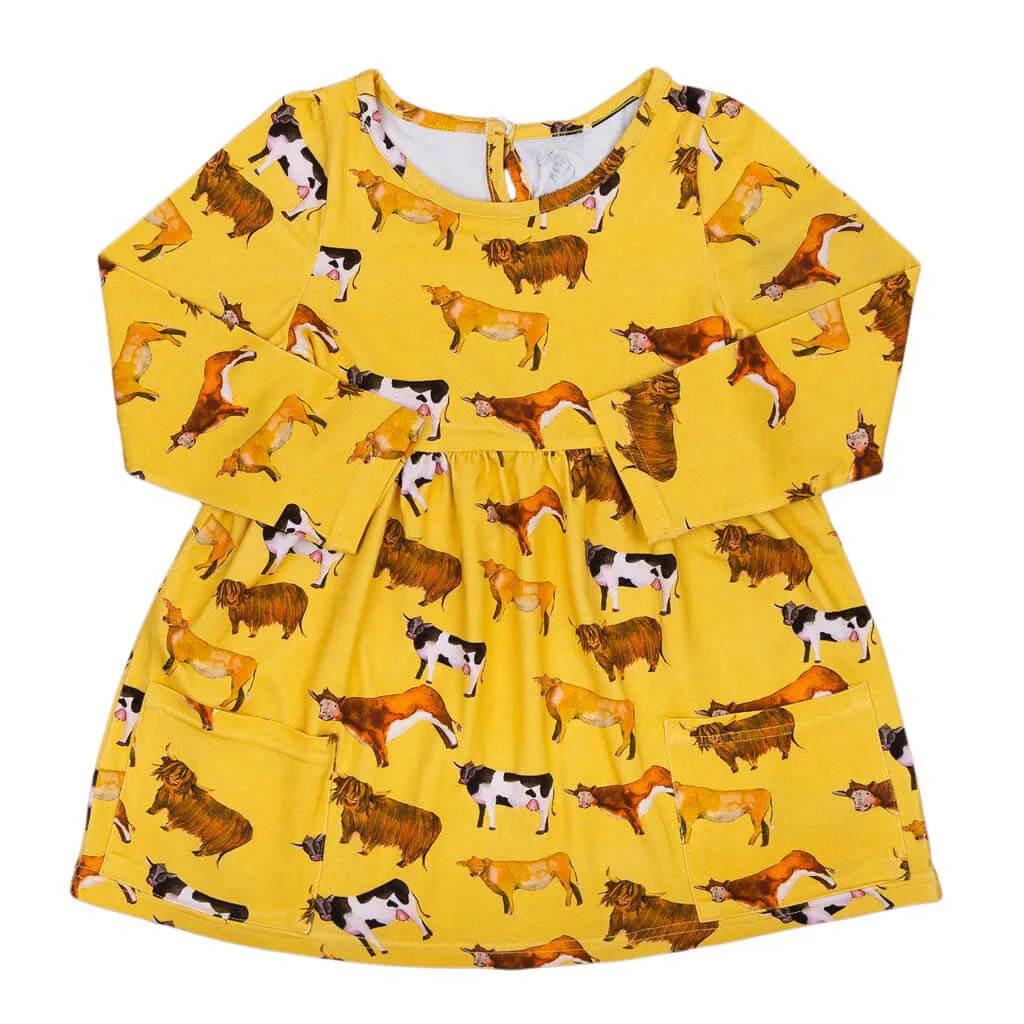 Vintage Cows Long Sleeve Pocket Dress