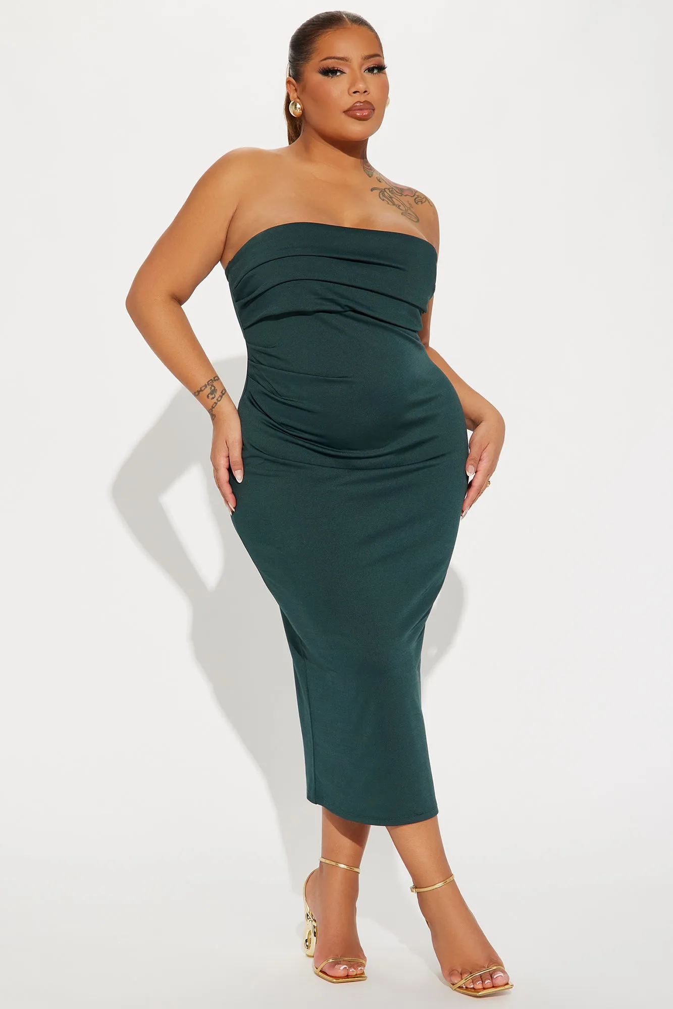 When In Rome Ruched Midi Dress - Hunter